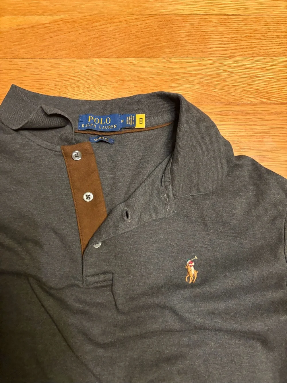 Ralph Lauren Charcoal Long-Sleeve Polo with Brown Placket